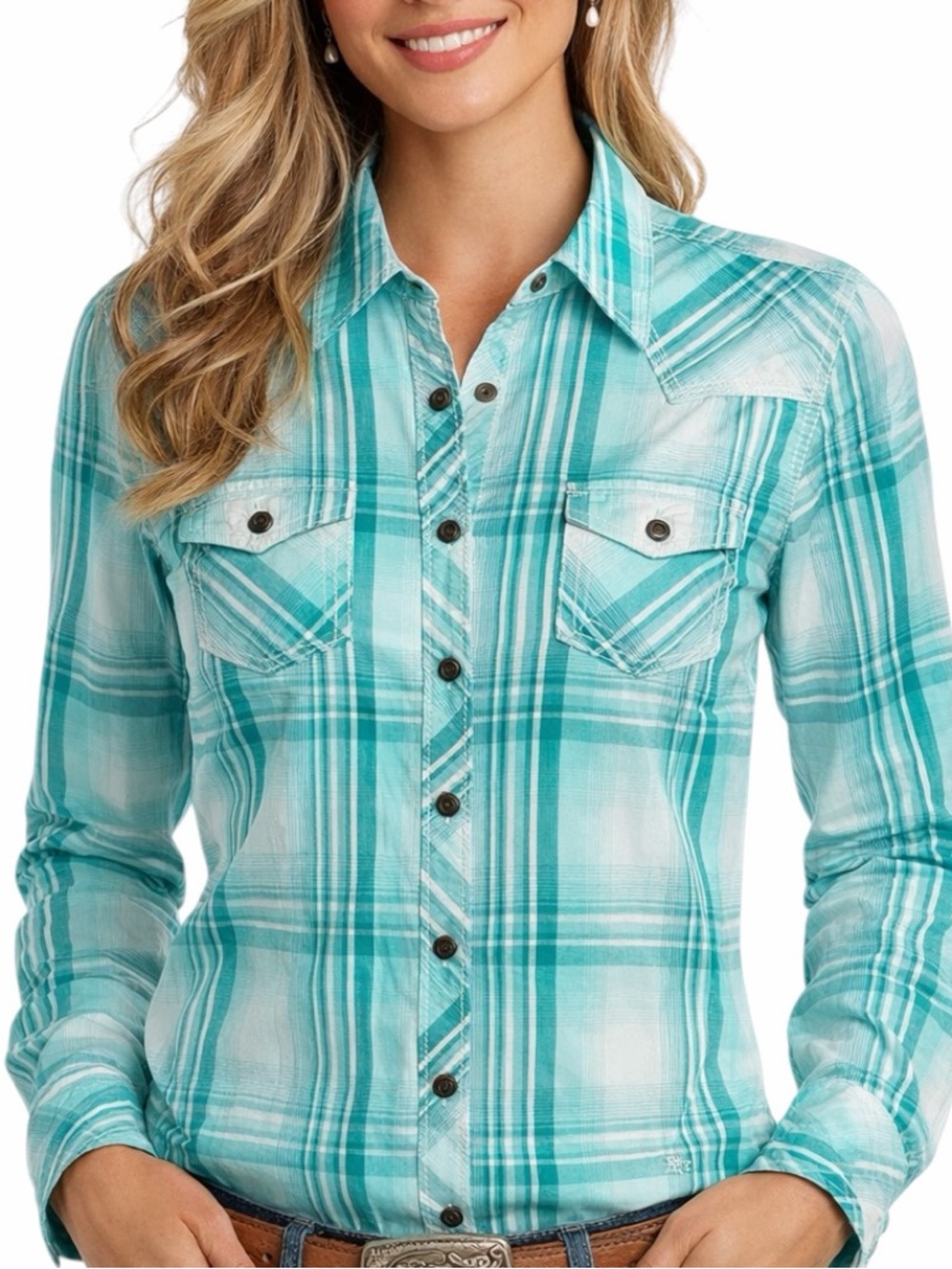 Ariat Plaid Western Shirt L Green Snap Button Cowgirl Rodeo Top